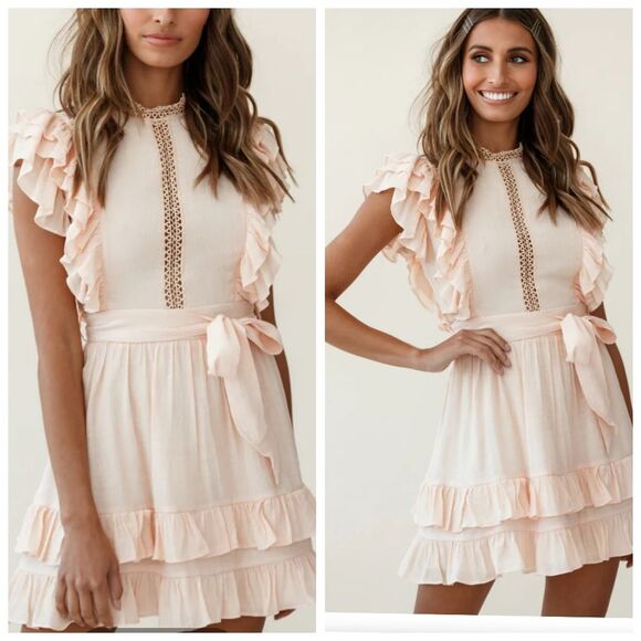 Saint+ Secrets Oakland High Neck Ruffle Detail Dress waist tie Blush Pink Small - Picture 1 of 13